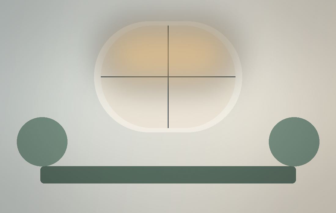 An arched studio window with morning light, a bench and house plants