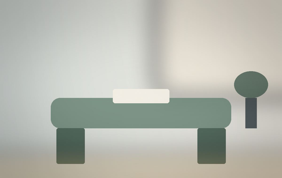 Wide view of a Halcyon Touch Academy treatment room with a single table and warm window light